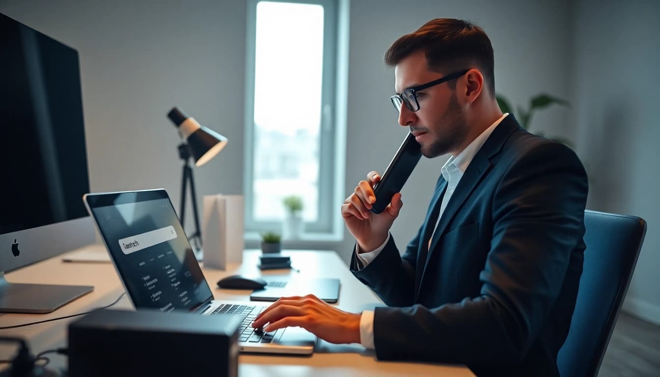 Conducting a phone number search uk at a modern workspace with digital tools.