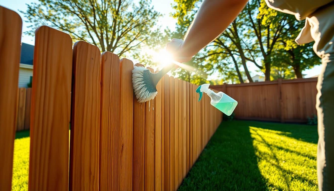 Fence Cleaning: A person scrubs a wooden fence in a sunny backyard, showcasing effective cleaning techniques.