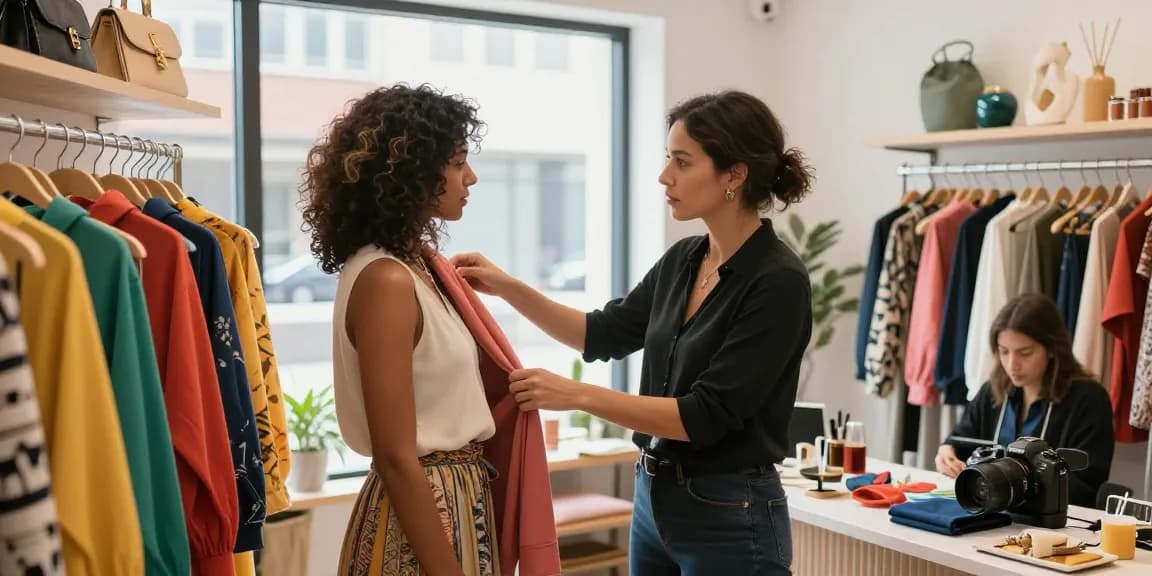 Consulente d'immagine che aiuta una cliente nella scelta di outfit personalizzati.