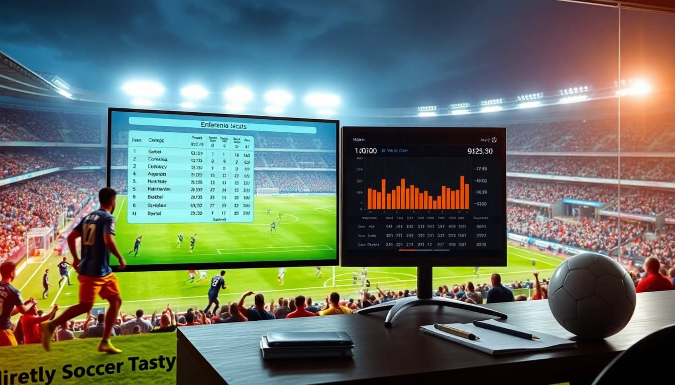 Analisis prediksi bola dengan layar penuh statistik dan pemain di lapangan.