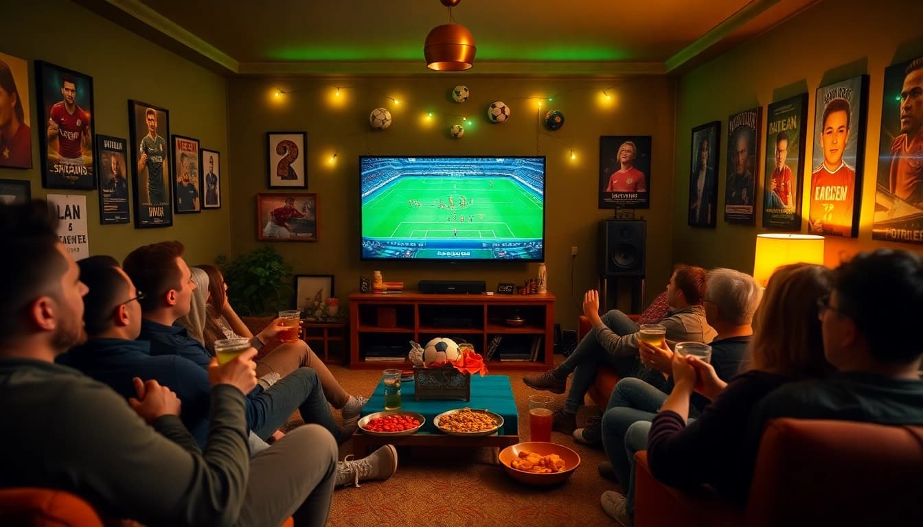 Situs nobar yang meriah dengan teman-teman menikmati streaming sepak bola di ruang tamu.