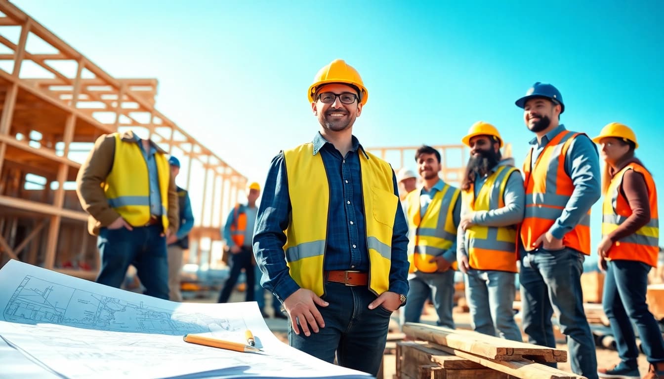 New Jersey General Contractor managing a construction site with blueprints, tools, and a diverse team.