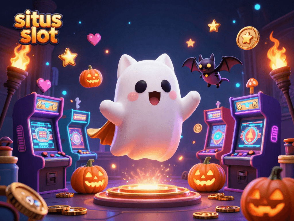 Menggunakan situs slot untuk dimainkan, kucing hantu 3D bersahabat melayang di kasino berhantu bersamaan dengan kelelawar vampir dan labu bercahaya.