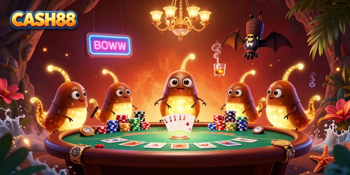 CASH88 casino scene featuring bioluminescent glowworms and a bat dealer, in a vibrant poker setting.