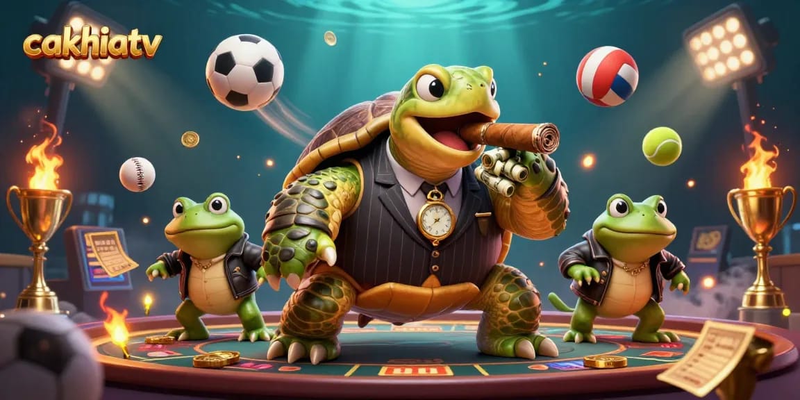 Cakhiatv showcases an energetic casino scene with a turtle mobster and frog enforcers amidst dynamic sports balls.