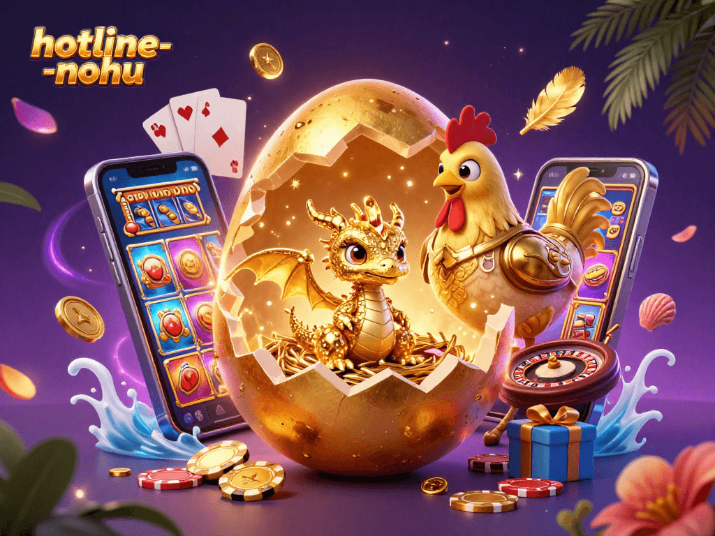 Experience thrilling wins at hotline-nohu with a golden baby dragon on poker chip nest amidst dazzling casino elements.