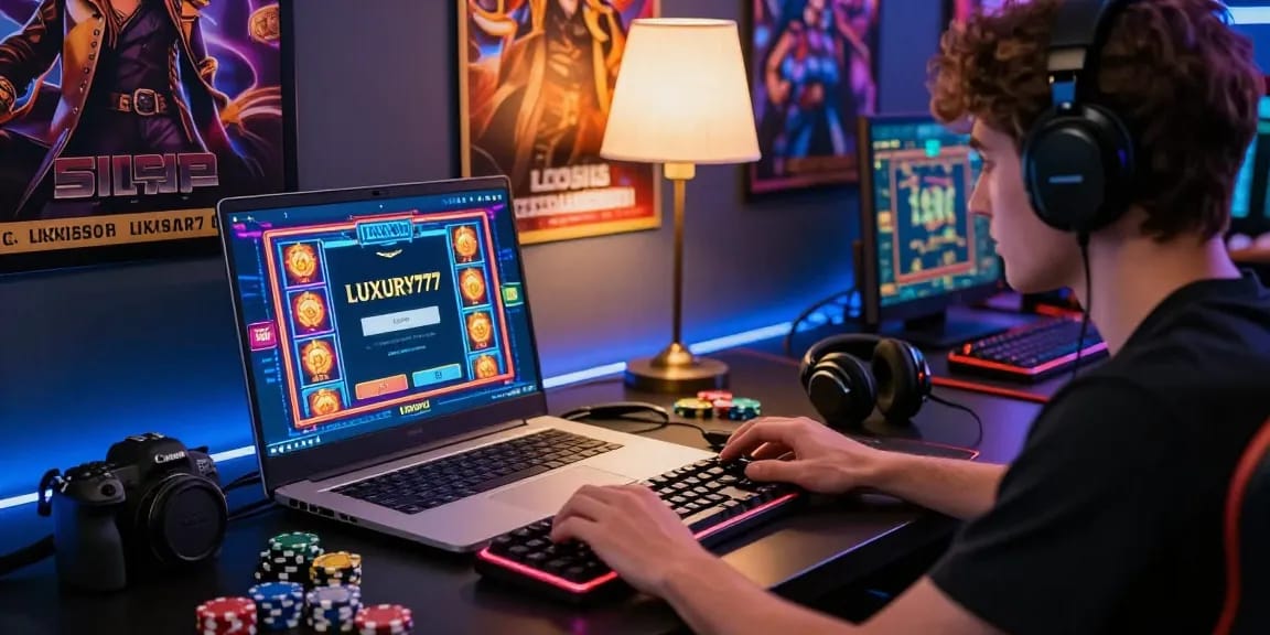 Pengguna menggunakan perangkat laptop untuk Login LUXURY777 menikmati permainan slot online yang mengasyikkan.