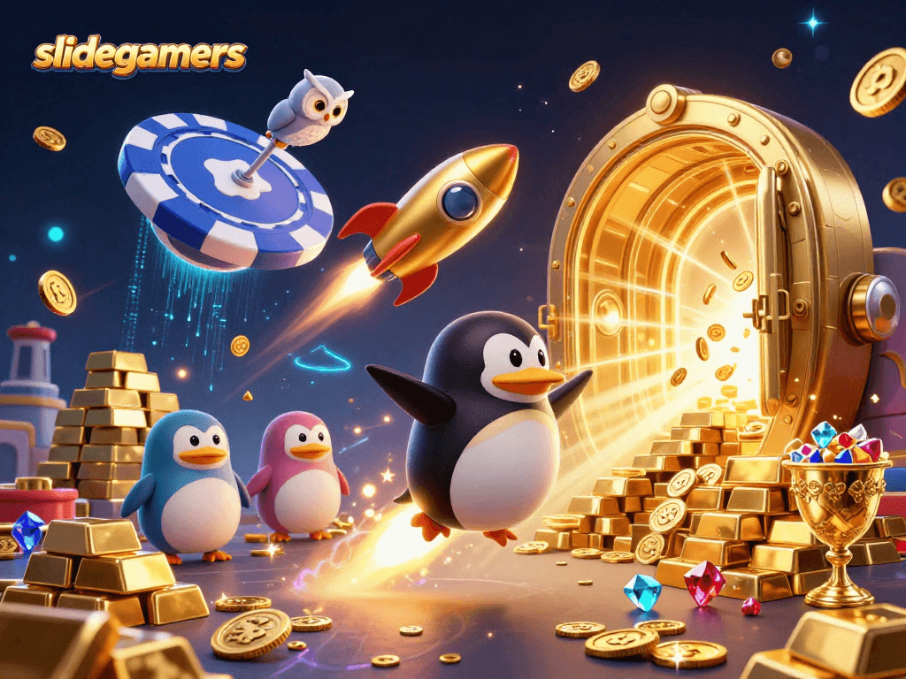 Experience thrilling fun with slidegamers as a golden penguin races towards a casino station amidst treasures.