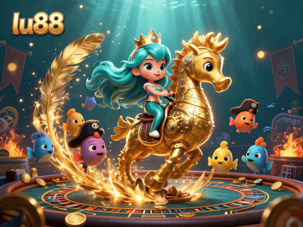 Play and win big at lu88 with an exciting scene featuring a cartoon mermaid and seahorse surrounded by casino elements.