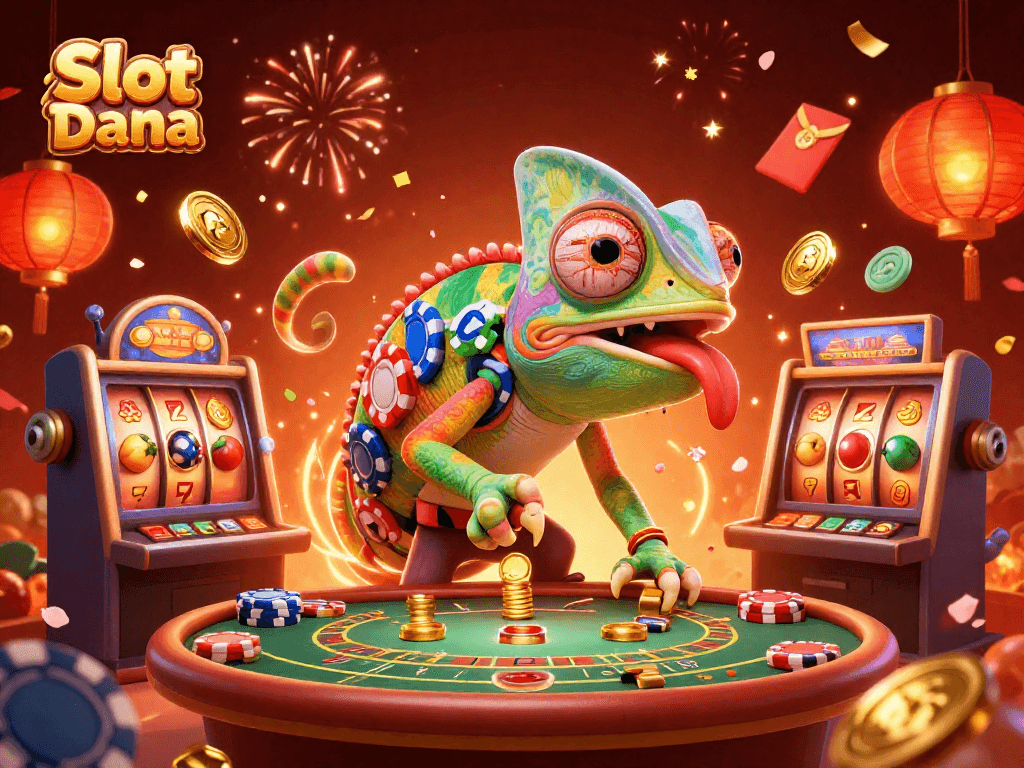 Gambarkan Slot Dana dengan chameleon pemilik kasino dan elemen permainan menarik lainnya.