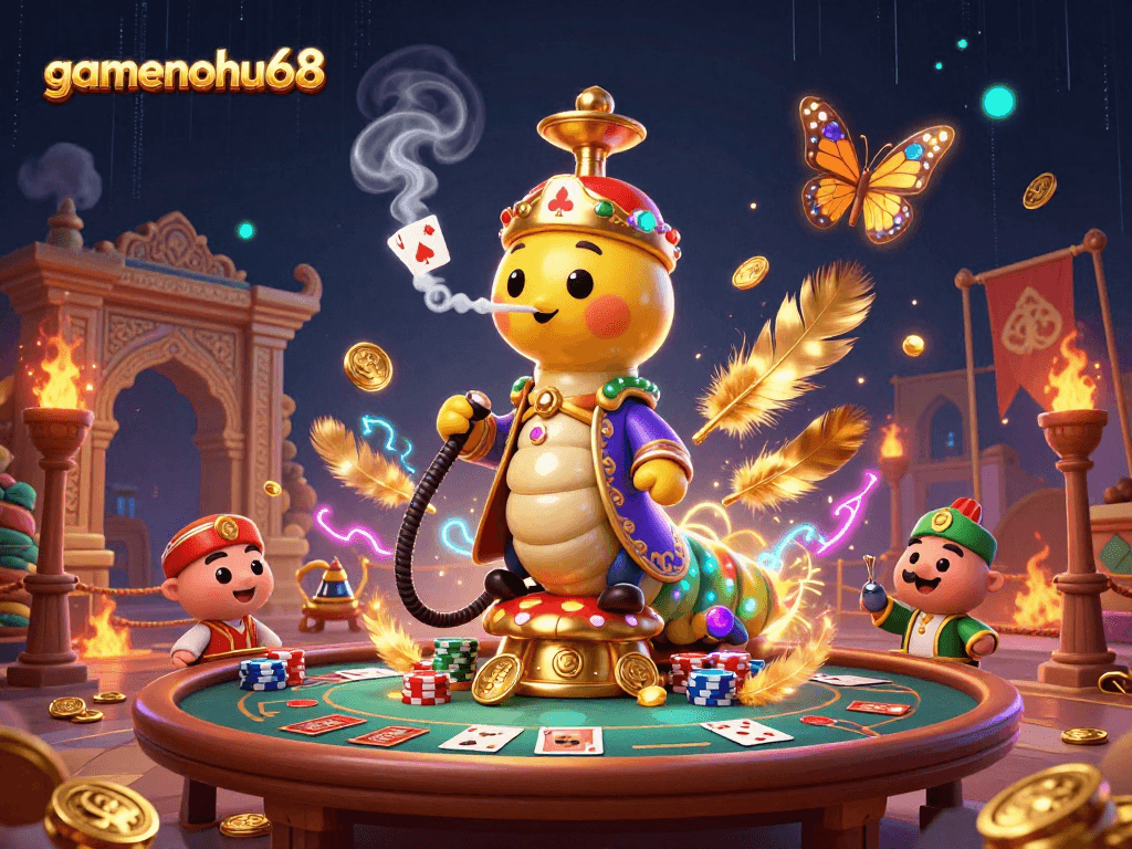 Experience thrilling poker action with gamenohu68 in a vibrant casino scene filled with animated characters and rich details.