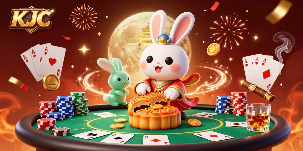 KJC launches high-stakes fun with a vibrant poker scene featuring golden mooncakes and rabbits on a lunar surface.
