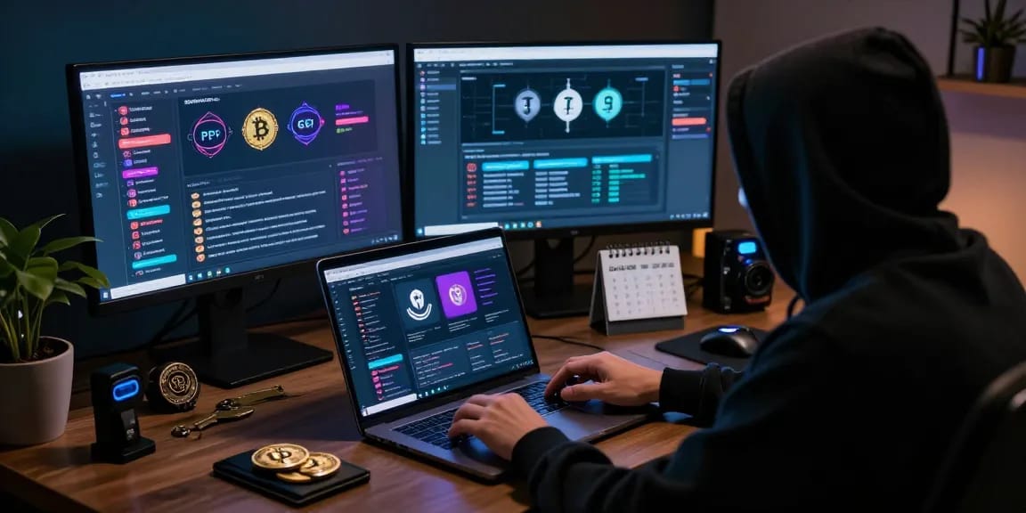 Exploring the Best Darknet Markets 2026 on a laptop in a secure, dimly lit environment, highlighting cryptographic tools and vibrant market displays.