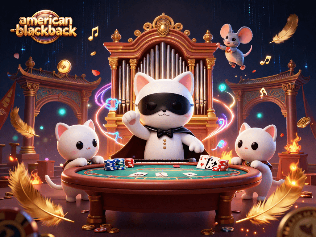 Experience the excitement of american-blackjack with a dynamic casino scene featuring a masked cat and acrobat.