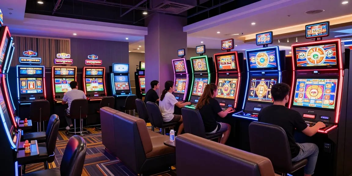 Slot88: Pemain menikmati permainan mesin slot di kasino modern.