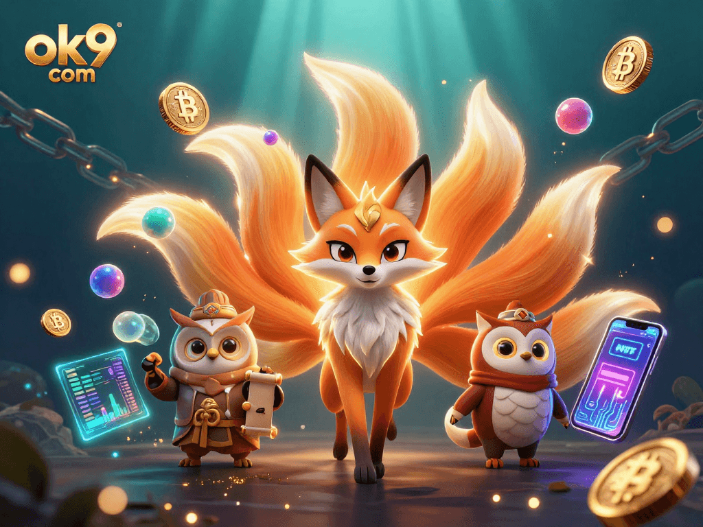 Bet on exciting games at ok9 com featuring vibrant characters and glowing crypto elements.