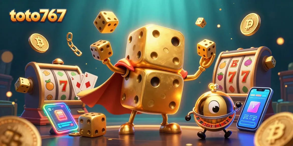 Menangkan slot jackpot dengan aplikasi toto767 yang menampilkan dadu emas raksasa menggenggam simbol permainan.