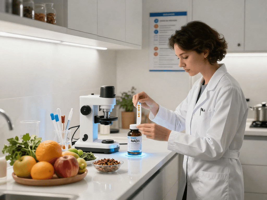 NAD+ Benefits highlighted in a modern kitchen with supplements and scientific tools.