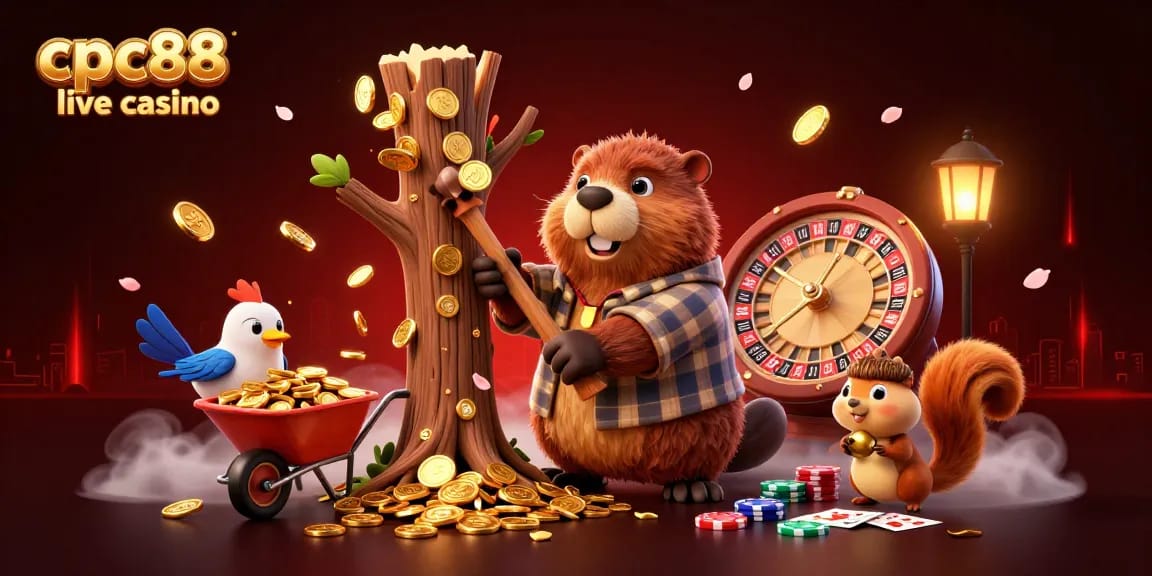 Engage in thrilling bets at cpc88 live casino with a vibrant 3D scene of beaver characters collecting winnings.