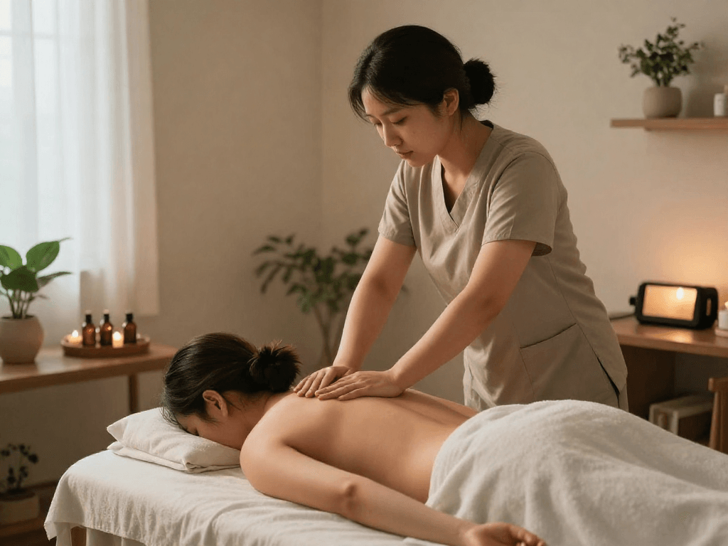 스웨디시 마사지 중인 전문가와 편안한 고객의 느낌을 보여주는 치료 환경