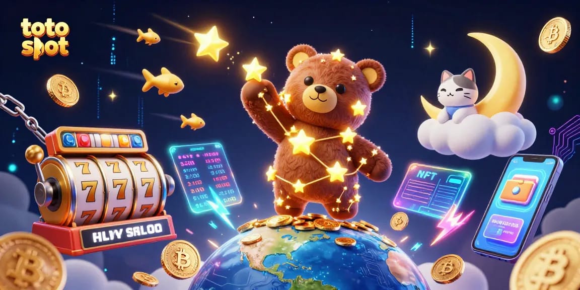 Toto slot enthusiasts enjoying vibrant 3D art featuring a constellation bear and crypto rewards.
