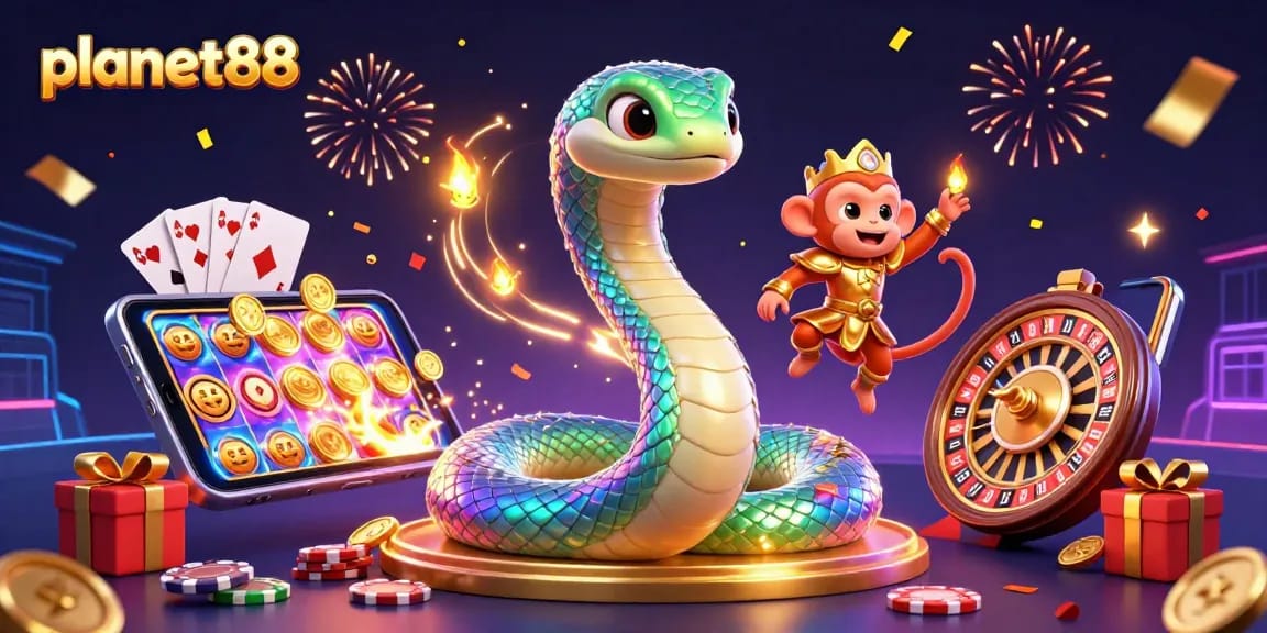 Win big with planet88's thrilling game experience, featuring vibrant serpent and monkey king.