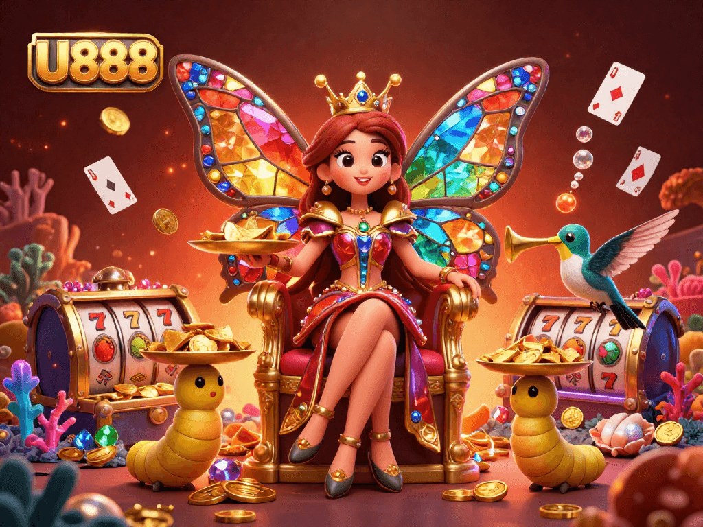 Experience the vibrant U888 casino scene with a butterfly queen and golden chips amidst floating cards.