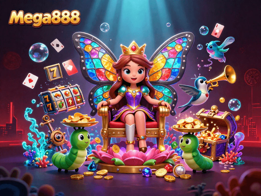 เล่นเกมสล็อต mega888 กับควีนผีเสื้อ และวัตถุการพนันในภาพที่สดใส