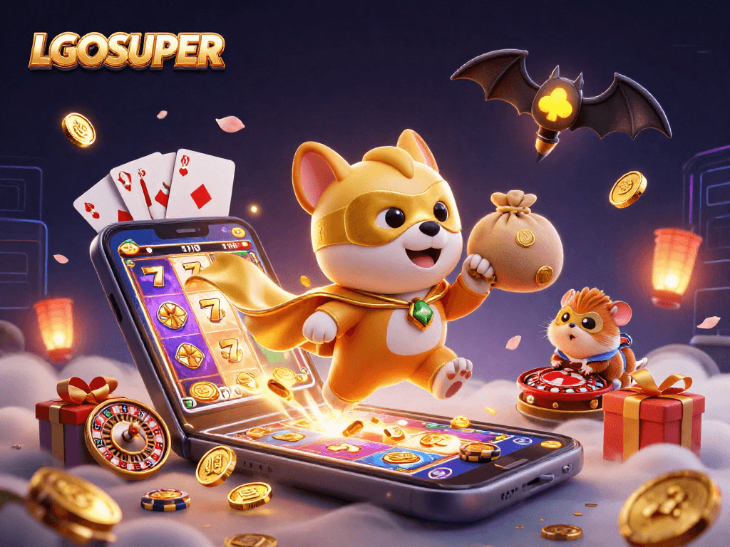 Experience thrilling slots with LGOSUPER as a superhero dog flies amidst gold coins and gaming excitement.