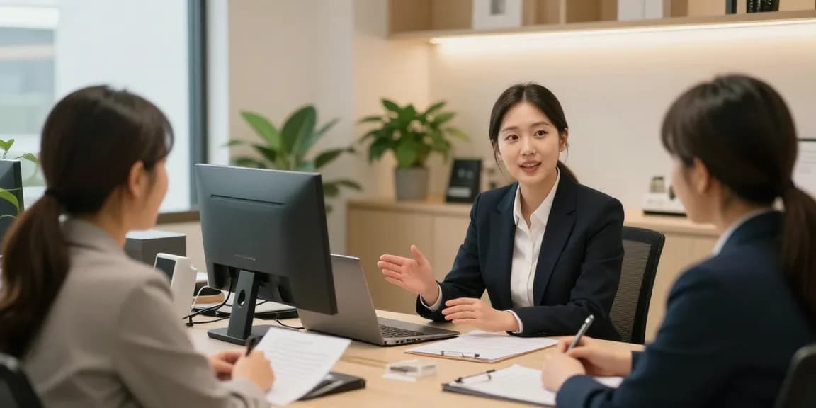 Trusted 오피코리아 local services provider consulting with clients in warm office
