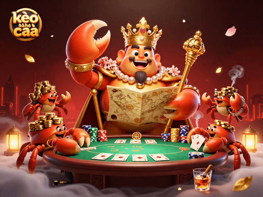 Engage with the dynamic world of kèo nhà cái featuring a grand crab emperor amidst vibrant casino elements.