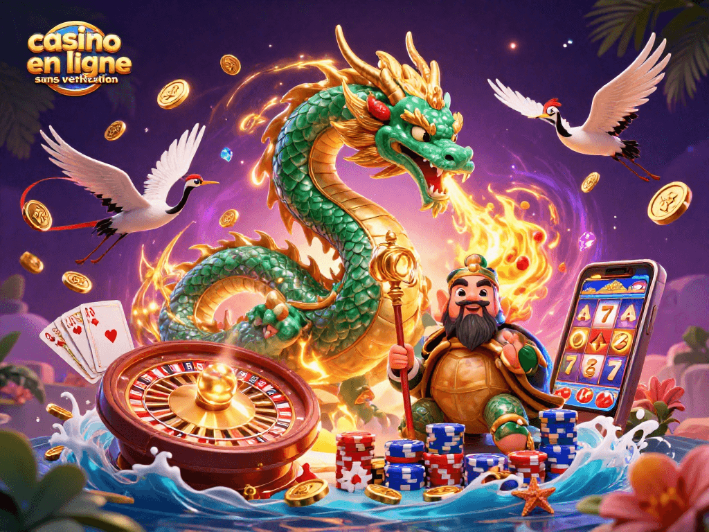 Jouez au casino en ligne sans vérification avec des dragons, des sages et des pierres précieuses scintillantes.