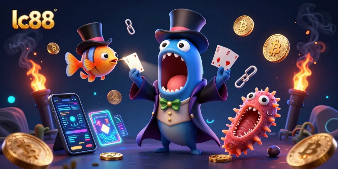 lc88 features a deep-sea eel magician performing card tricks in a vibrant casino scene.