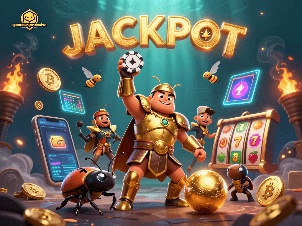 Experience gamenongtraivuive with a heroic beetle celebrating a jackpot amidst vibrant casino elements.