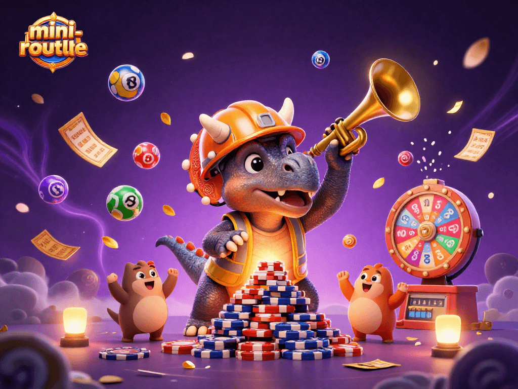 Engage with mini-roulette's vibrant cheer as triceratops builds poker chips amidst dynamic lottery balls.