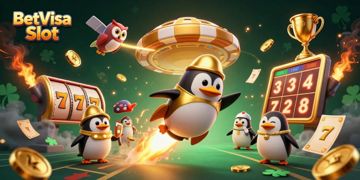 Experience the thrilling BetVisa Slot action with vibrant jackpot symbols and a dynamic golden penguin