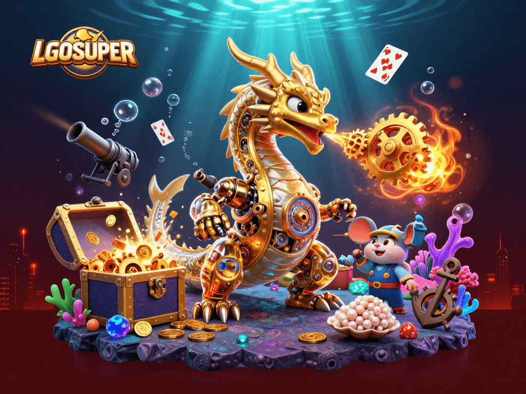 Experience the thrilling action of LGOSUPER as a biomechanical dragon breathes golden gears amidst vibrant underwater treasures.