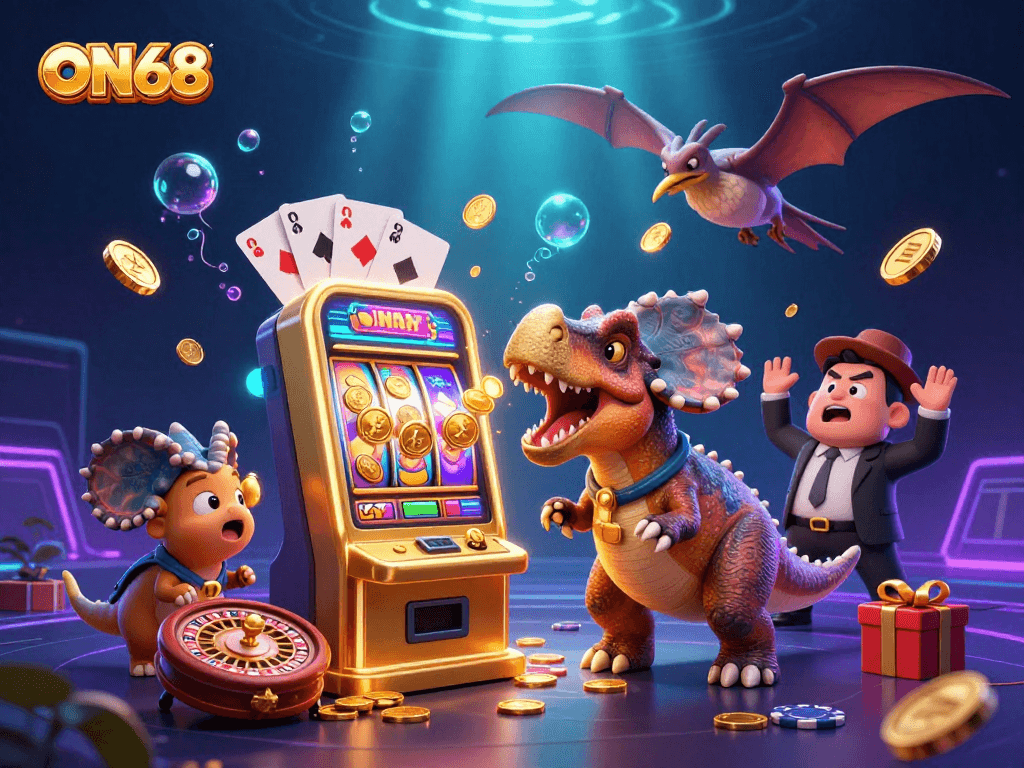 ON68 engages players with a pachycephalosaurus jackpot scene in a vibrant casino.