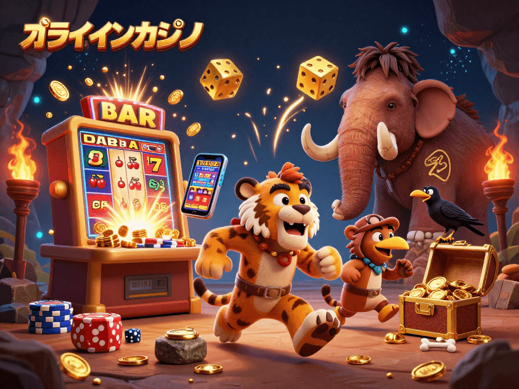 オンラインカジノの新しいアプリ体験を楽しむカジノキャラクターたち
