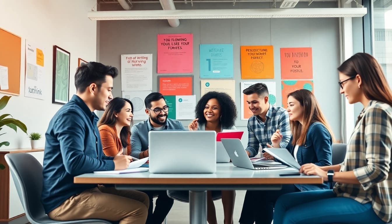 Writink Services team of diverse professionals engaged in collaborative writing sessions.