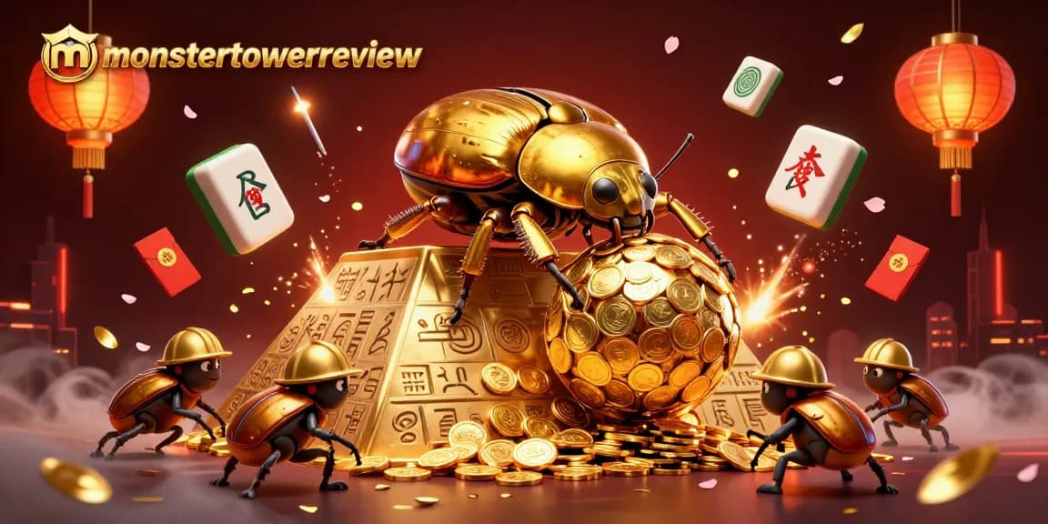 Play Monster Tower strategy with monstertowerreview, featuring golden dung beetles and casino symbols.