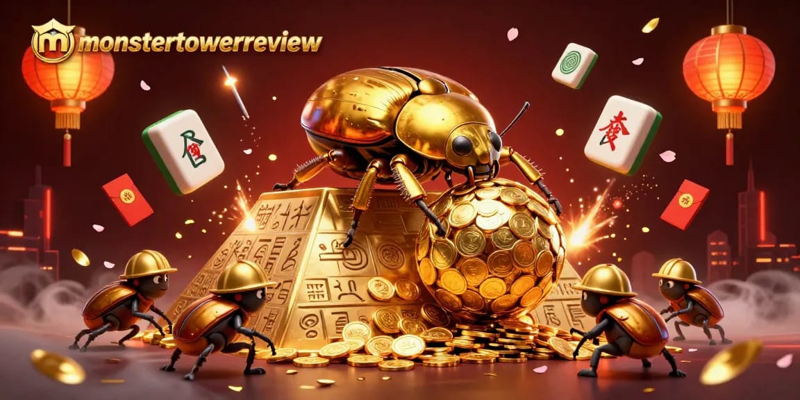 Play Monster Tower strategy with monstertowerreview, featuring golden dung beetles and casino symbols.