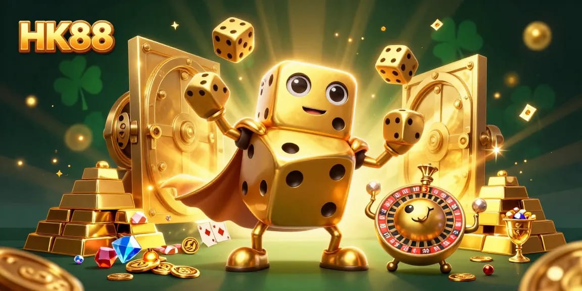 Experience winning excitement at HK88 with a vibrant 3D illustration showcasing casino elements and golden treasures.
