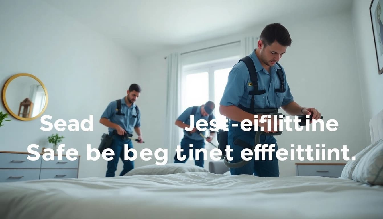 Bed bug exterminators effectively treating a modern bedroom environment.