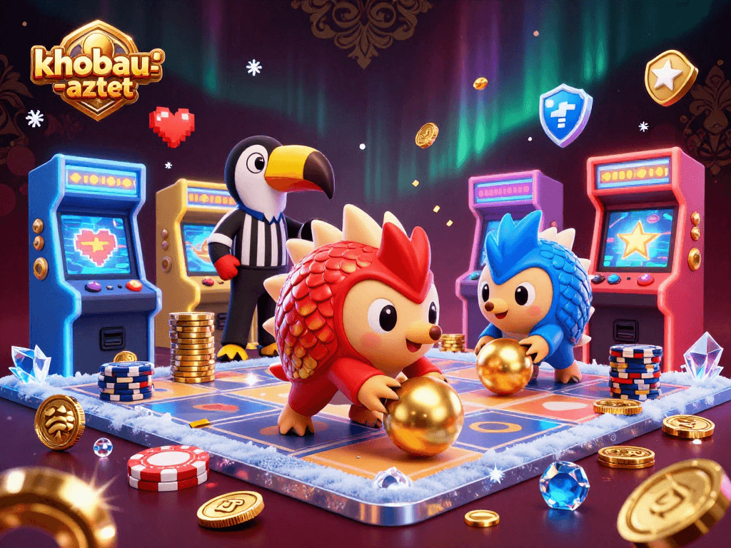 Experience the excitement of khobau-aztec featuring rival pangolins bowling through poker chips in a vibrant casino atmosphere.