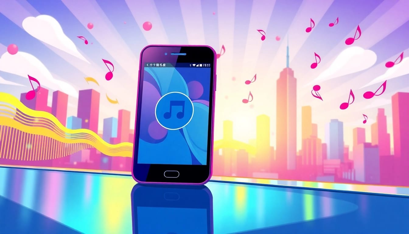 使用汽水音乐app聆听音乐的现代智能手机,在城市背景中活跃。