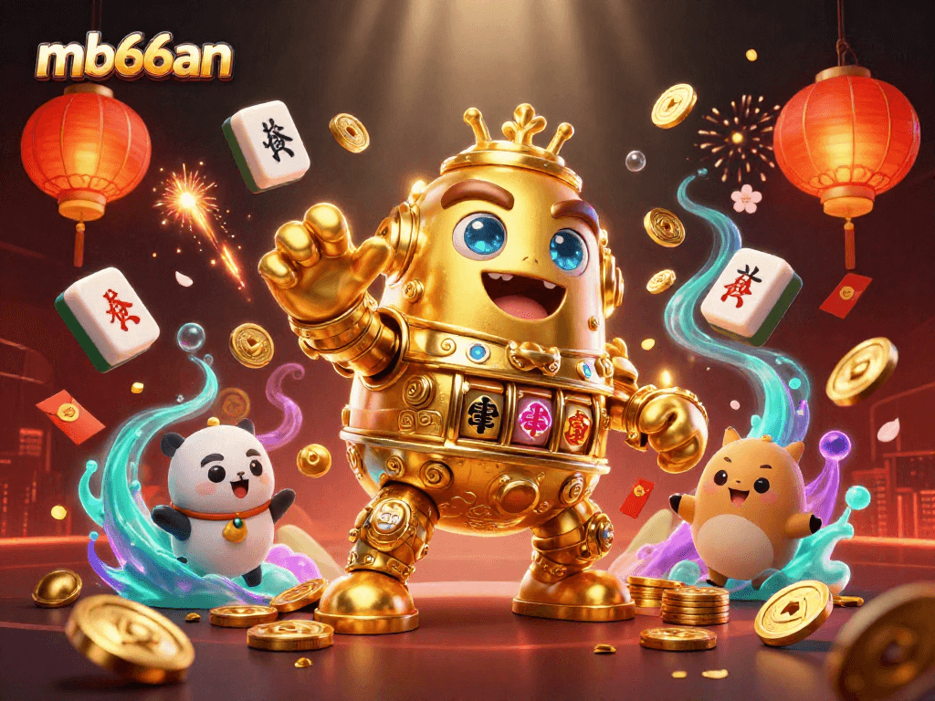 Engage with mb66an's captivating 3D scene featuring a golden golem and vibrant gambling elements.
