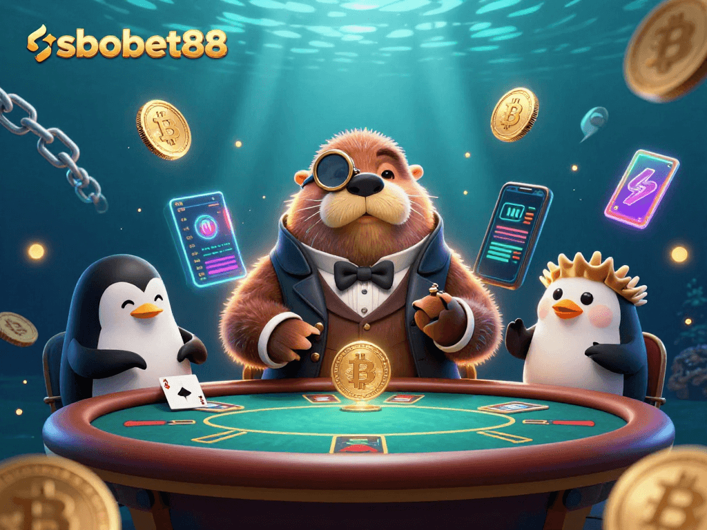 Engage in thrilling sbobet88 gaming with our vibrant underwater poker scene featuring a jolly walrus and friends.