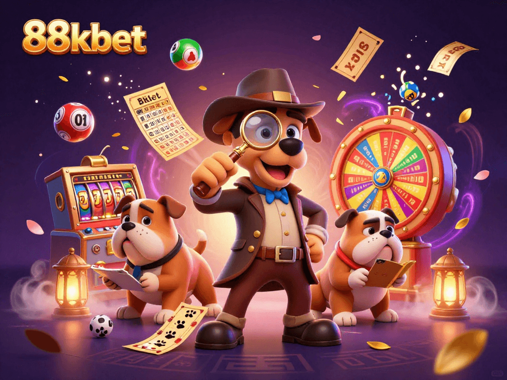 Join the 88kbet detective duo spotting hidden treasures in a vibrant casino scene.