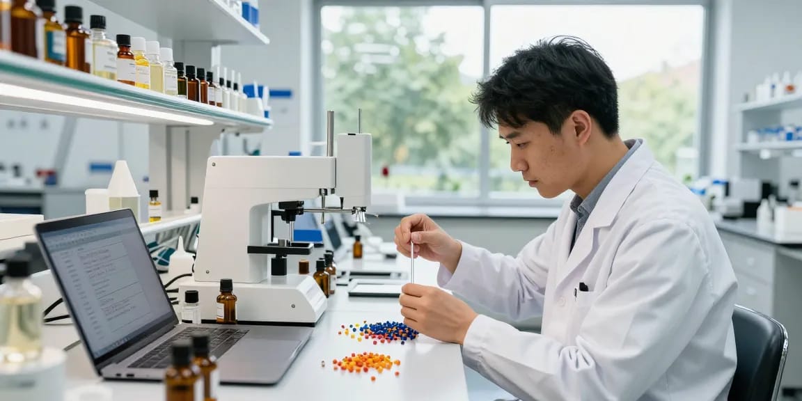 Fragrance Beads Manufacturer laboratory scene showcasing perfumer blending scents for innovative air diffusion solutions